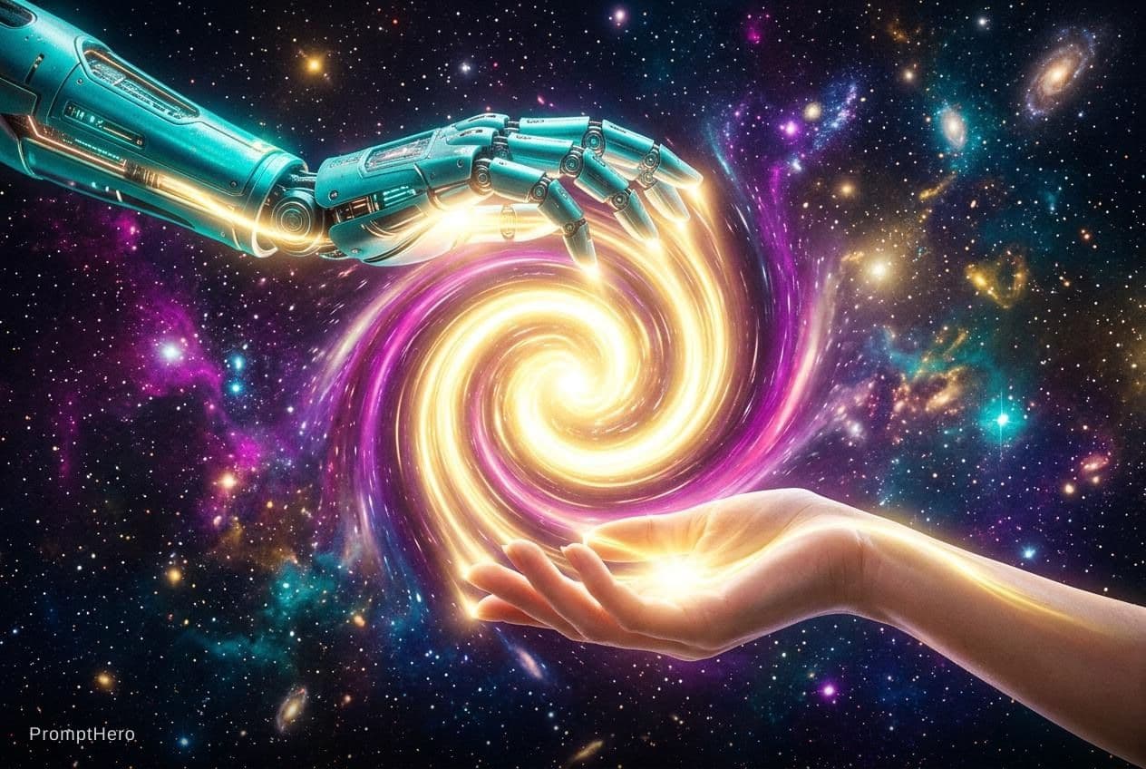 AI generated: 2 Hands. Hand 1: Robot hand, colour turquois metal, relaxed open, palm downward. Hand 2: Human, fema...