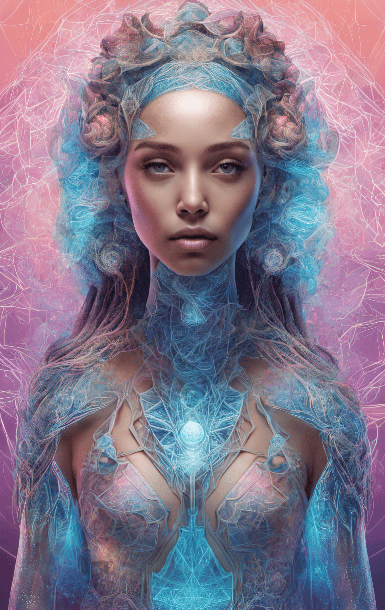 AI generated: a girl made out of liquid glass, pastel neon colors, and intricate sacred geometry, translucent face...