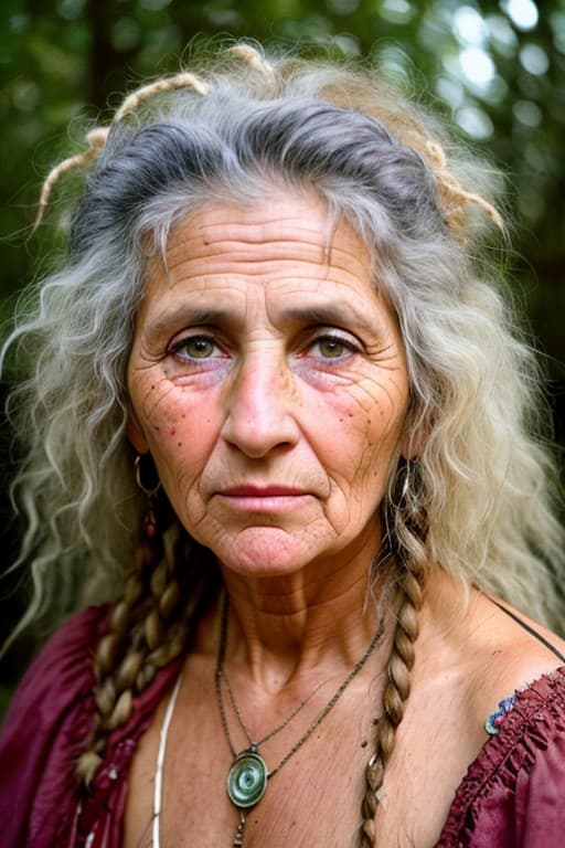 AI generated: raw photo old female seeress, wild hair, RAW candid cinema, 16mm, color graded portra 400 film, rema...