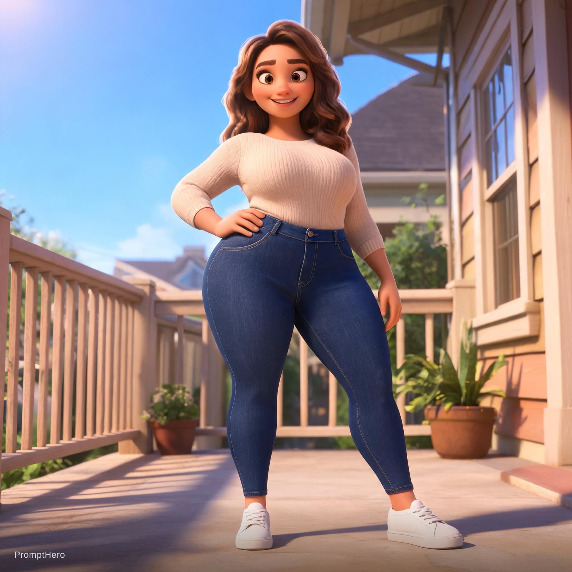AI generated: Woman slapping her butt in jeans giver ha Pixar mom build