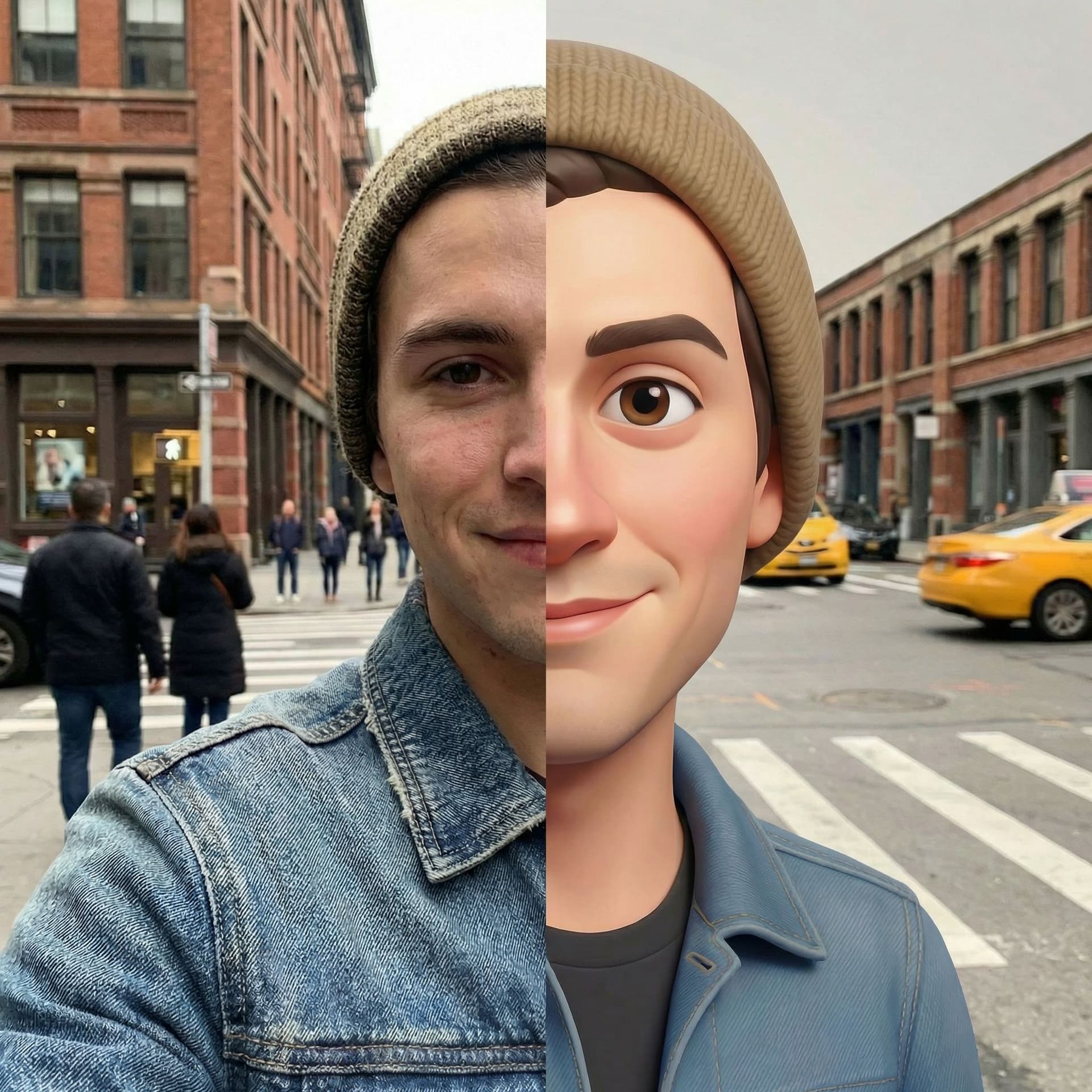 AI generated: Mix the images, on the left the real on the right the cartoon