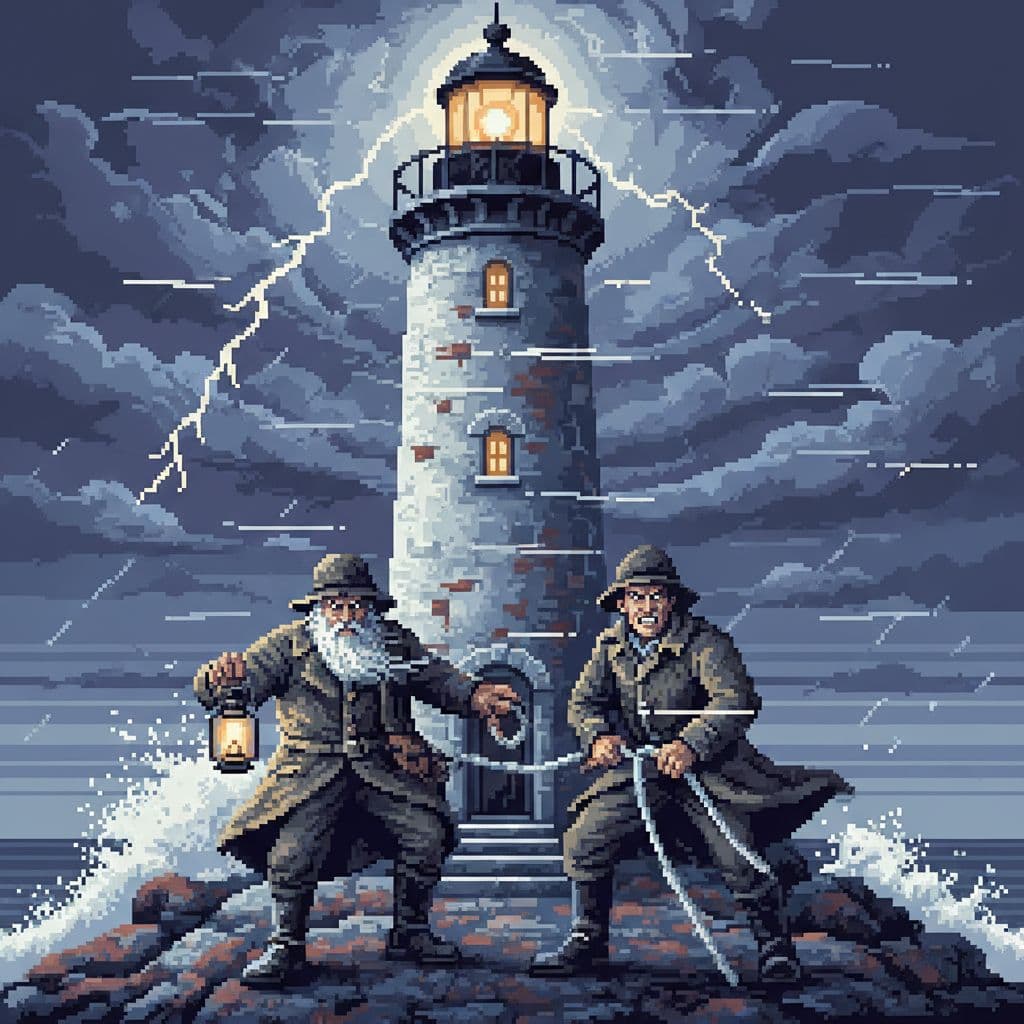 AI generated: Pixel art version of an iconic shot from 2019 movie "The Lighthouse" 