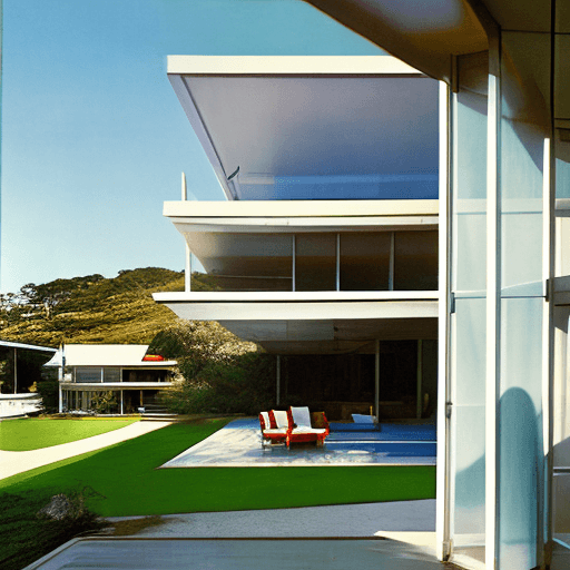 AI generated: Hyper realistic eye level exterior photo of a mid century modern style house overlooking the ocean, ...