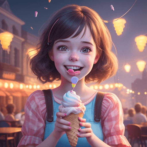 AI generated: cute, adorable, smiling girl eating ice cream, candies flying all around her, Pixar, disnet, cinema ...