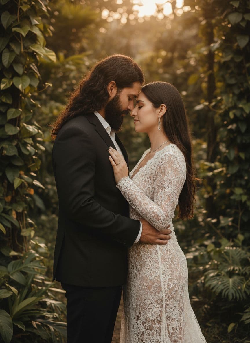 AI generated: A couple stands closely together in an intimate pose, surrounded by natural greenery. The man has a ...