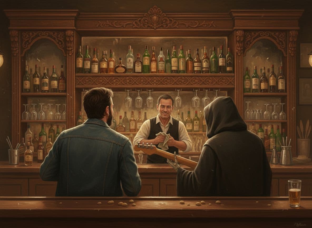 AI generated: “Recrea la misma escena de dos personas sentadas en la barra de un bar, pero desde el lado opuesto d...