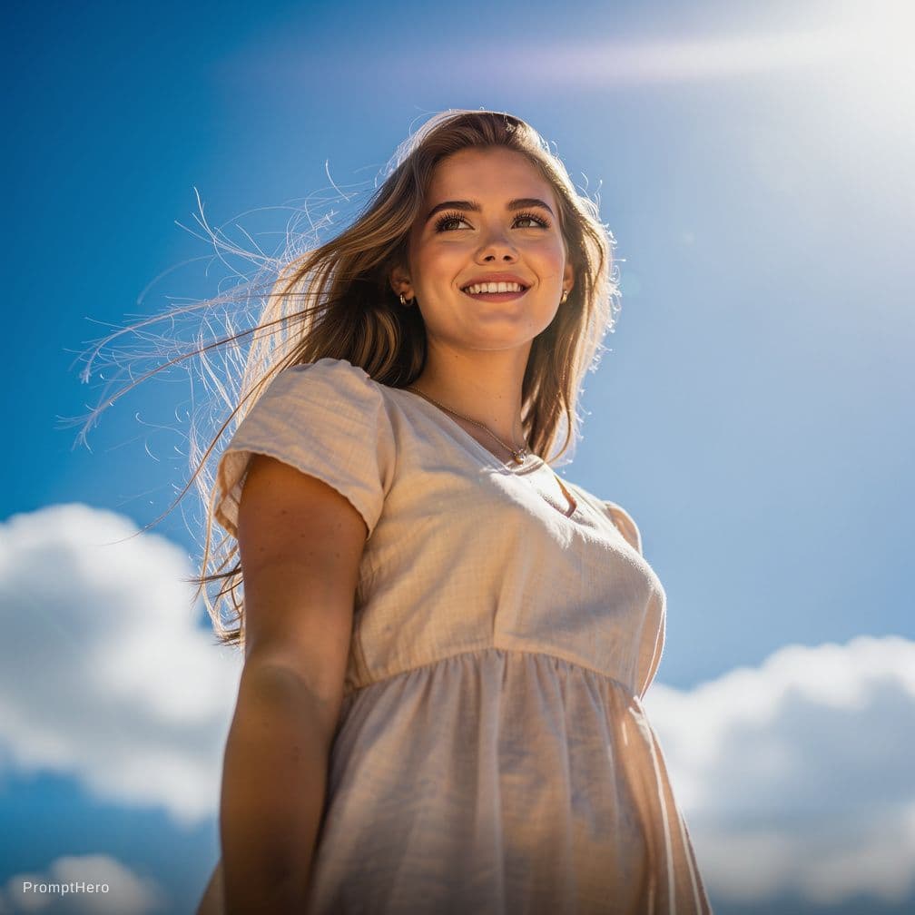 AI generated: A cute 21 year old female with gigantic breasts wearing nothing  smiling with blue skies viewed ((fr...