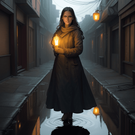 AI generated: a woman holding a light in a puddle of water, steve mccurry and irakli nadar, promotional images, сi...