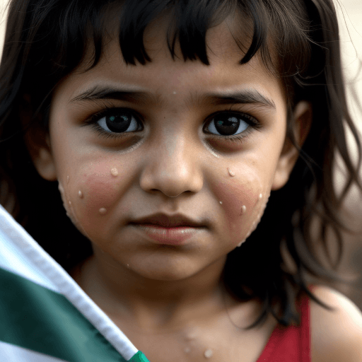 AI generated: a child who looks like a warrior, but innocent and tears in her eyes with palestine flag, background...