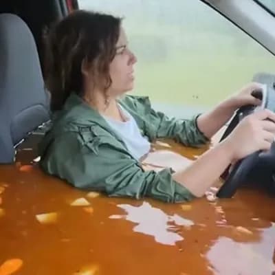 AI generated video: a video of a woman driving a van, with the entire interior of the van flooded with soup