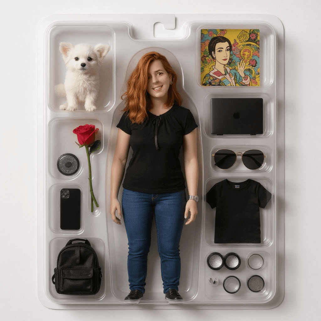 AI generated: Action figure packaging design, featuring a 33-year-old, tall, red-haired woman curvy with a bow tie...