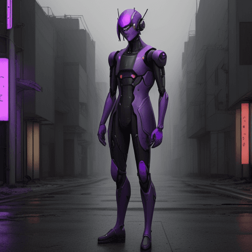 AI generated: Japanese male android in dystopian purple attire on a desolate street, overcast, ruins, cinematic, 3...