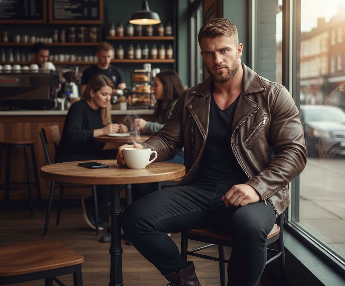 AI generated: bodybuilder at a coffee shop wearing a leather jacket and black jeans