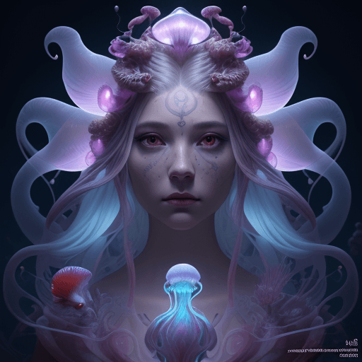 AI generated: Goddess close-up portrait ribcagel. jellyfish phoenix head, nautilus, orchid, skull, betta fish, bio...