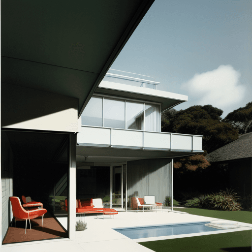 AI generated: Hyper realistic eye level exterior photo of a mid century modern style house overlooking the ocean, ...
