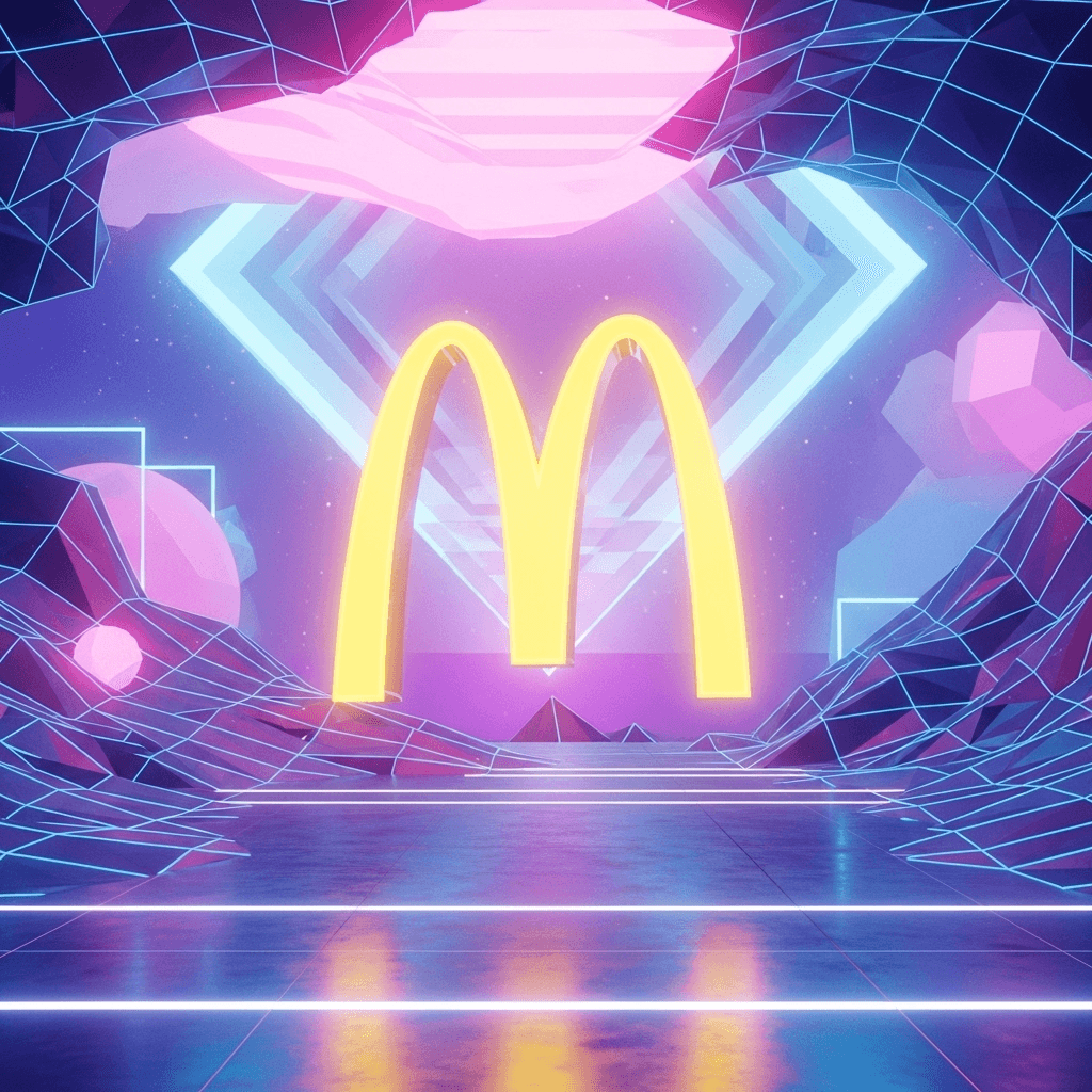 AI generated: "Retro 1970s McDonald’s logo floating in neon-lit 3D vaporwave environment"