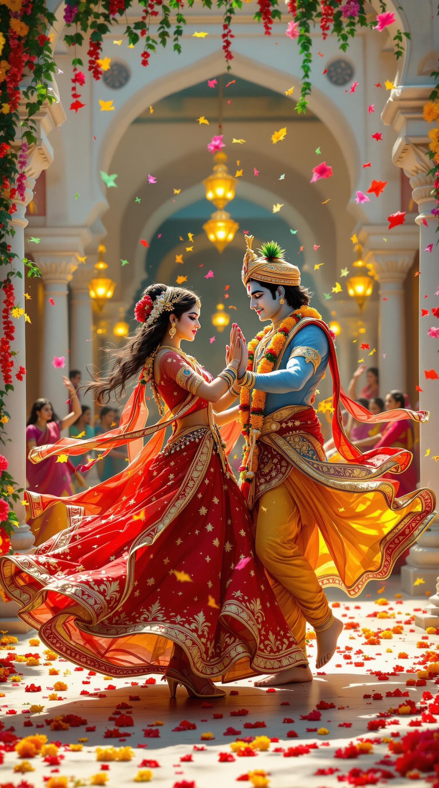 AI generated: "An ultra-HD image of Radha and Krishna dancing together in a beautifully decorated temple courtyard...