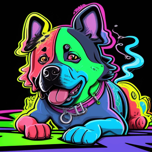 AI generated: bold neon colors, cartoon style illustration of a lazy dog as sees the world while experiencing hall...