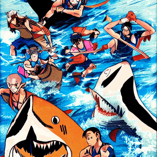 AI generated: manga, group of fighters, tsunami, shark