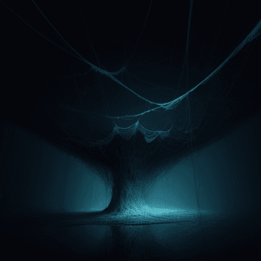 AI generated: deep thoughts, mysterious environment, confusion, a bright web breaks through the darkness, no peopl...