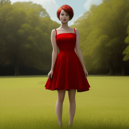 AI generated: A photograph of a young woman, short hair, red dress and standing on the grass