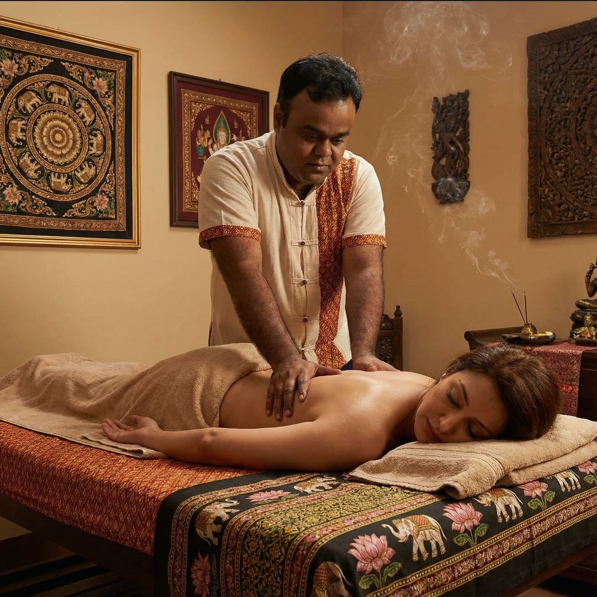 AI generated: thai massage  indian man giving a massage to a woman lying on a massage bed. Realistic pictures with...