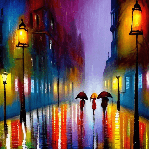 AI generated: abstract, oil-on-canvas cityscape, skilfully capturing a couple's nocturnal stroll down a rain-soake...
