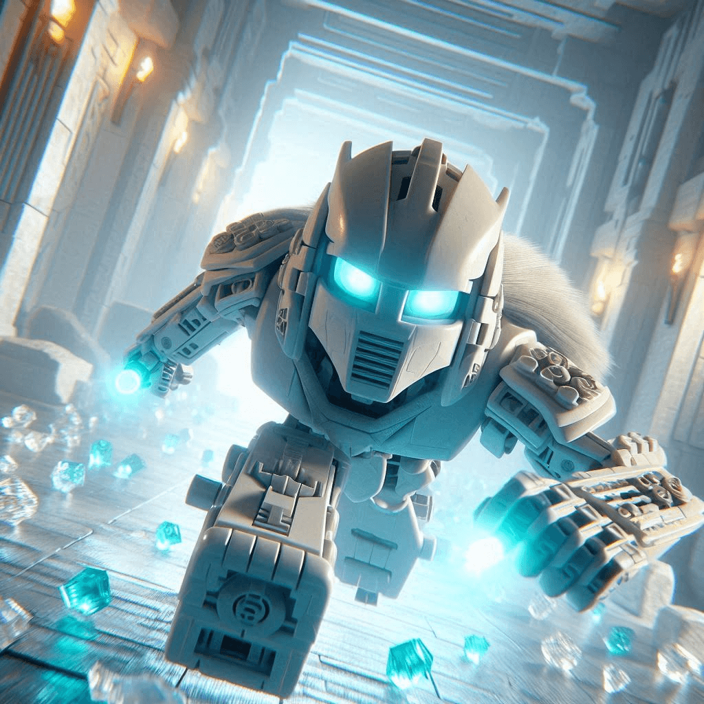 AI generated: Close-up Star Wars 4K cinematic CGI rendering of an ancient white Bionicle Matoran of Ice with light...