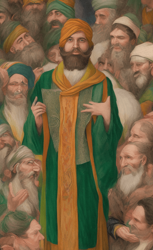 AI generated: A bearded man in a green turban, wearing a green robe, holds a scroll in his hands. He is surrounded...