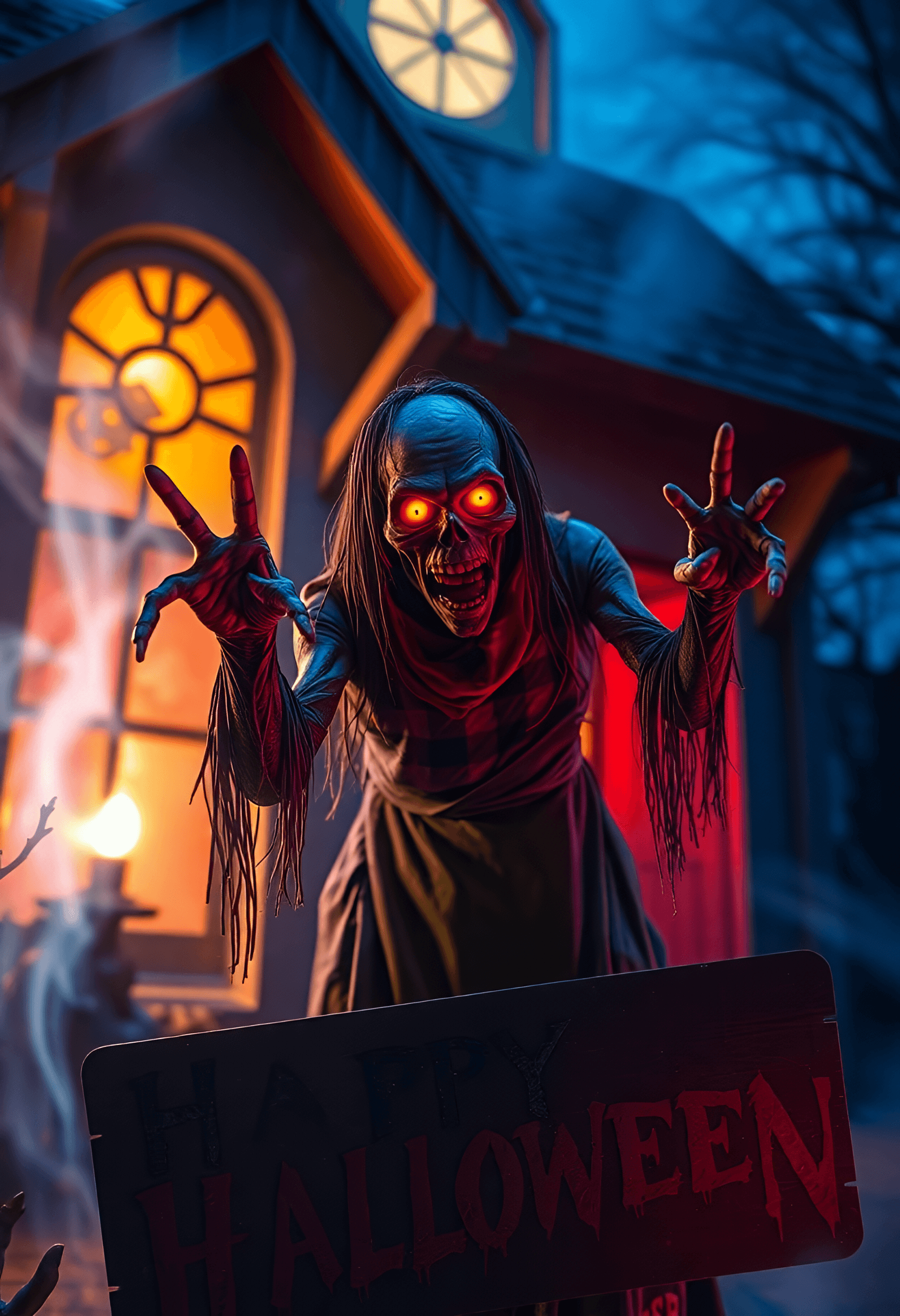 AI generated: zombie,rotten woman in a haunted house,dynamic lights,,gore,a sign with the bloody letters ." Happy ...