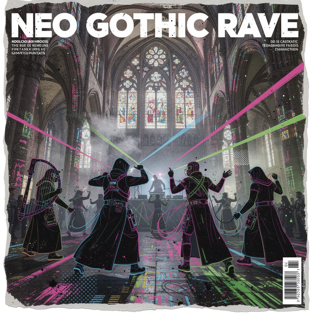AI generated: Abstract magazine cover of a futuristic medieval rave in a gothic cathedral. Stylish and chaotic sce...
