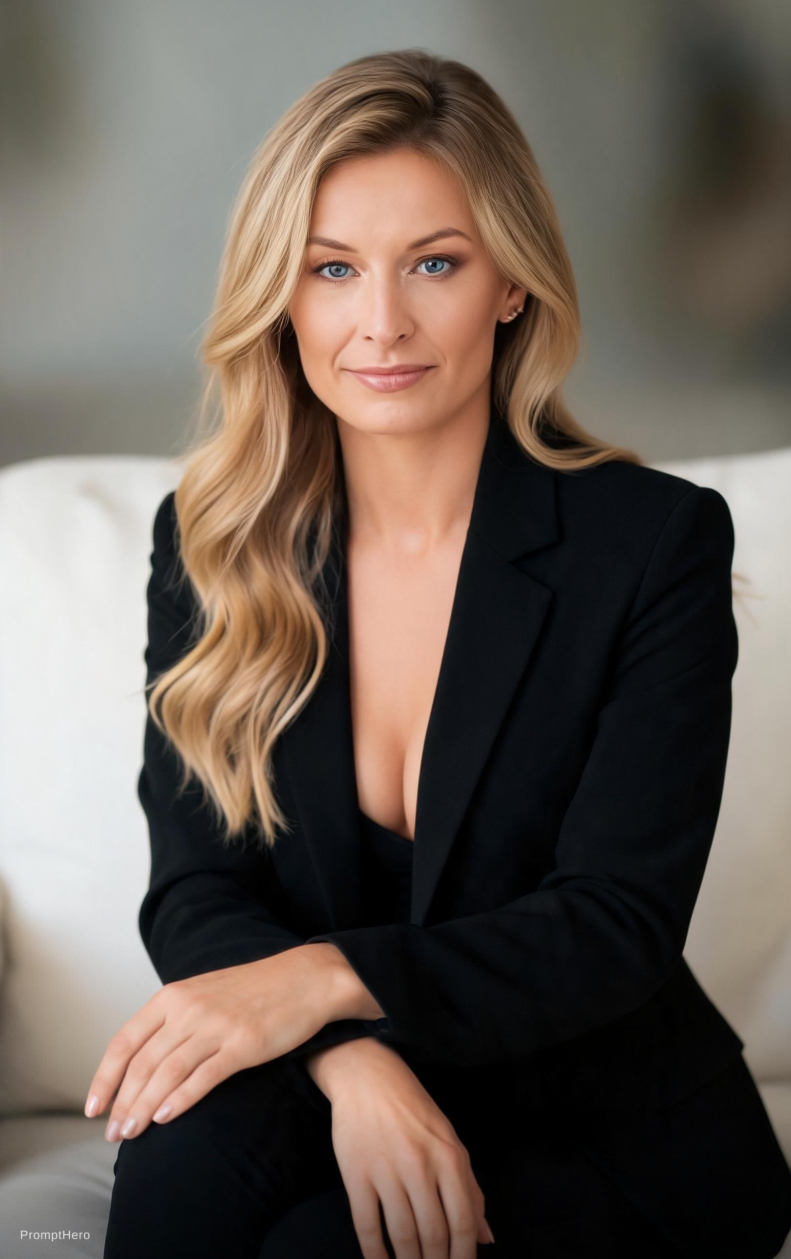 AI generated: A portrait of a young woman with wavy blond hair, sitting on a couch, wearing a black blazer over a ...