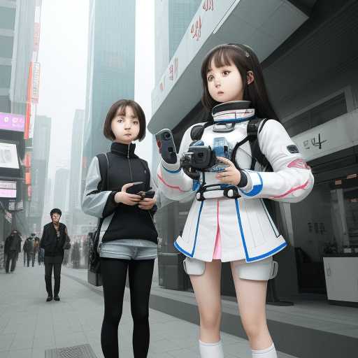 AI generated: A cute korean girl. She is 14 years old and stands back to back with a robot that's holding a Smartp...