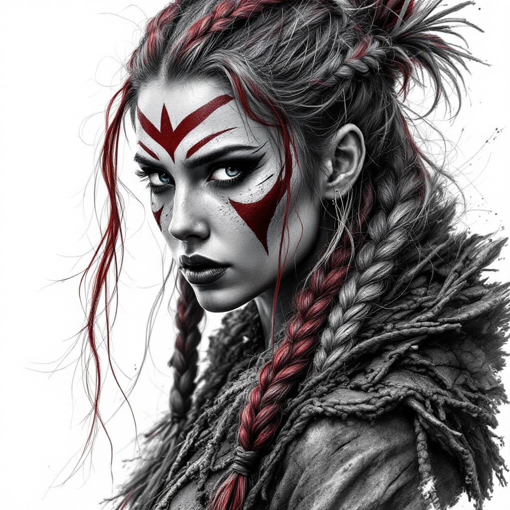 AI generated: Stunning woman,black and white drawing of a viking warrior woman with braided red an grey hair, wear...