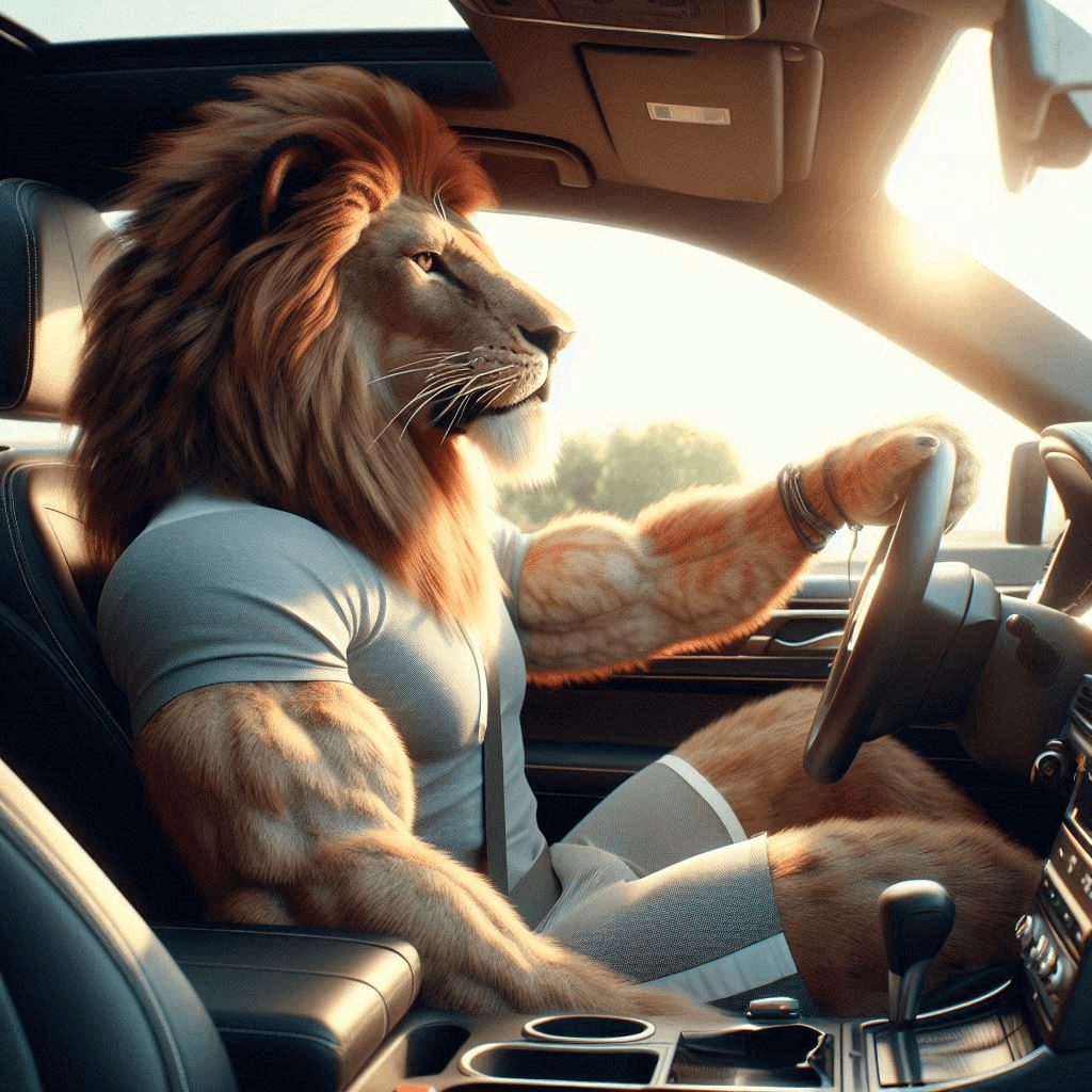 AI generated: Close-up cinematic professional 3D animation of a long-furred lion in a shirt and gym shorts sitting...