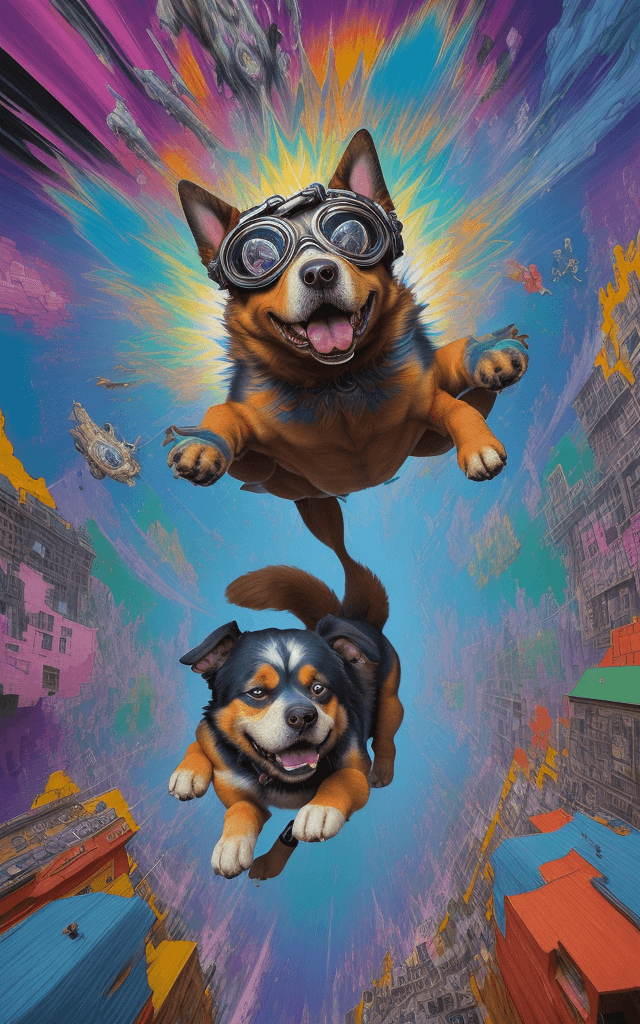AI generated: A dog emanating an aura of confusion performs a leap, surreal painting, contorted reality, vivid col...