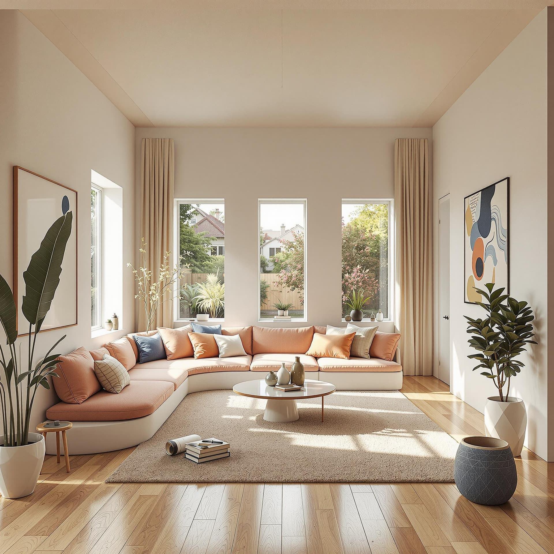 AI generated: High resolution photography interior design, dreamy sunken living room conversation pit, wooden floo...