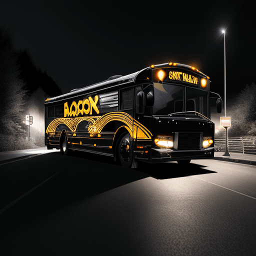 AI generated: big glossy black school bus on a moving down a hill, intricate details, in the middle of the night, ...