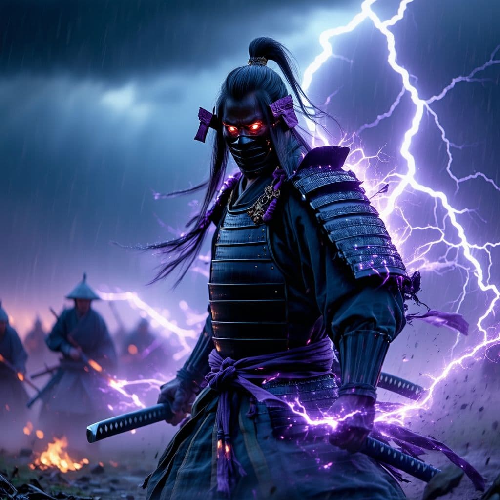 AI generated: A dark-faced samurai warrior with glowing red eyes, wearing traditional samurai armor, his face part...