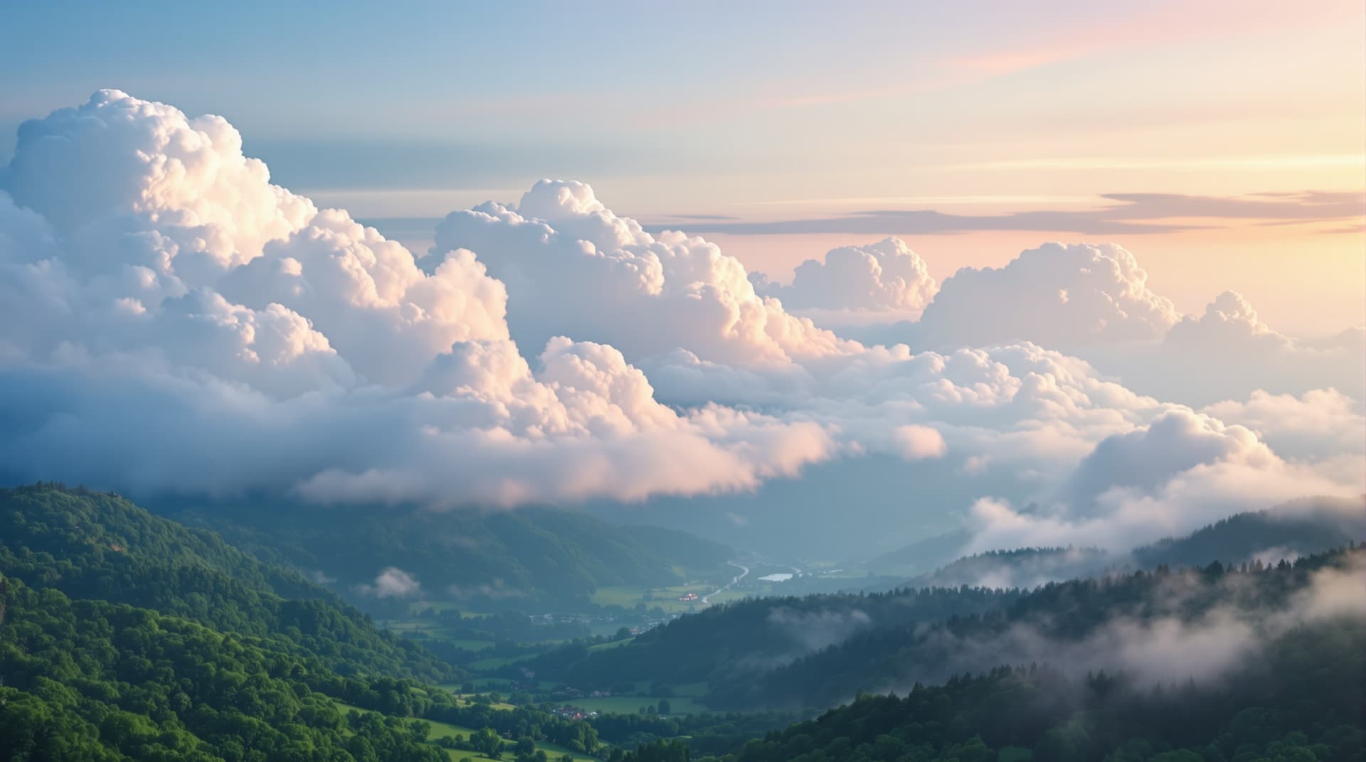 AI generated: A breathtaking valley landscape, where white clouds graduate into soft hues, greets the viewer with ...