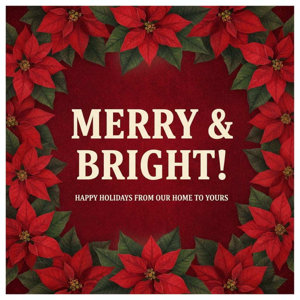 AI generated: Red background with poinsettia border, text in Roboto Slab Bold, block serif.