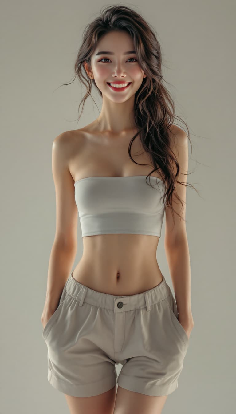 AI generated: south east asia, whole body, perfect face, perfect skin, flawless skin, smile, tube top, short pants...