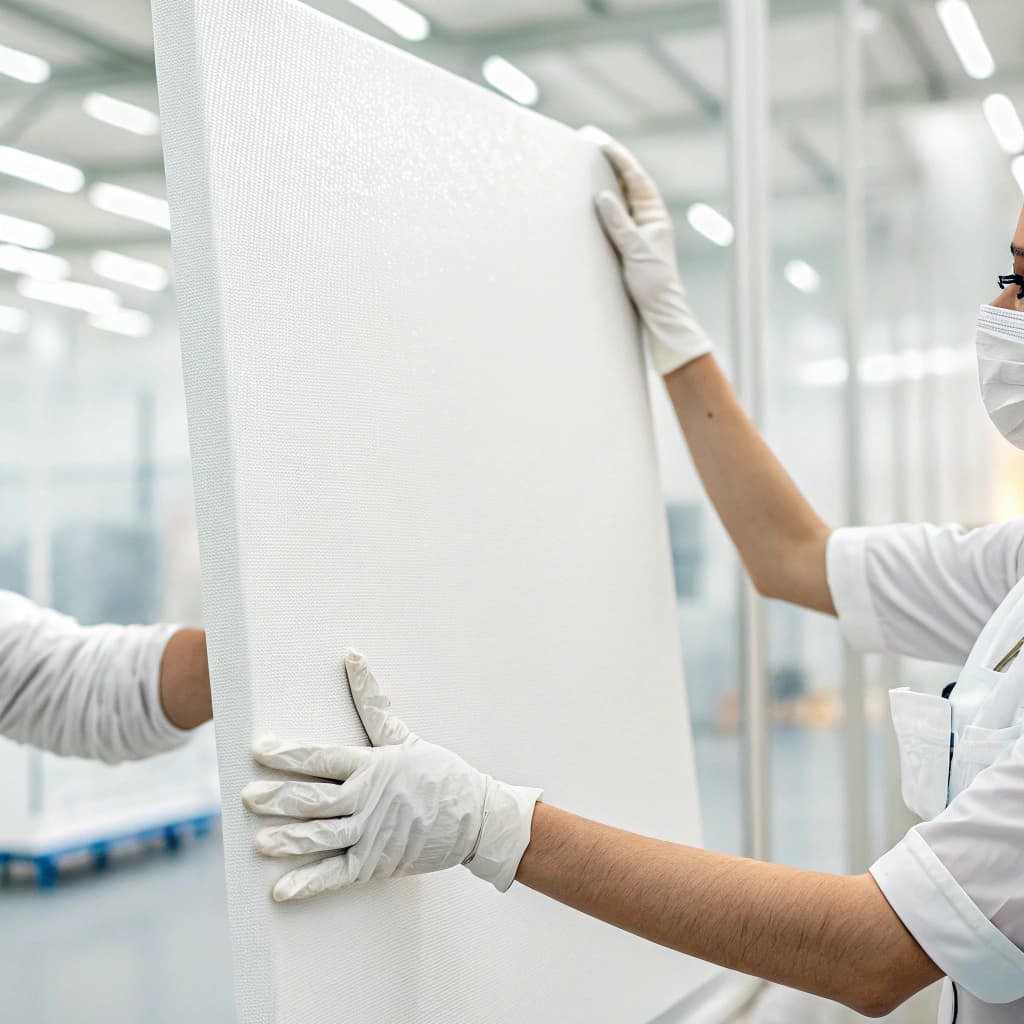 AI generated: close up of two hands whith white gloves holding the corner of a big blank paint canvas, blurred bac...