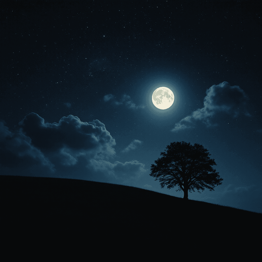 AI generated: A dark night with faint stars showing between many clouds, a full moon illuminating a single tree on...