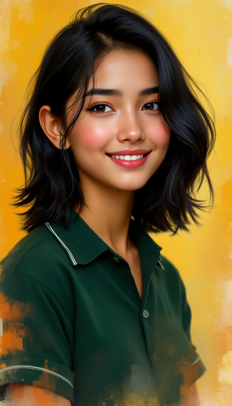 AI generated: 

"Create a portrait of a young person with medium-length, slightly wavy black hair, styled casually...
