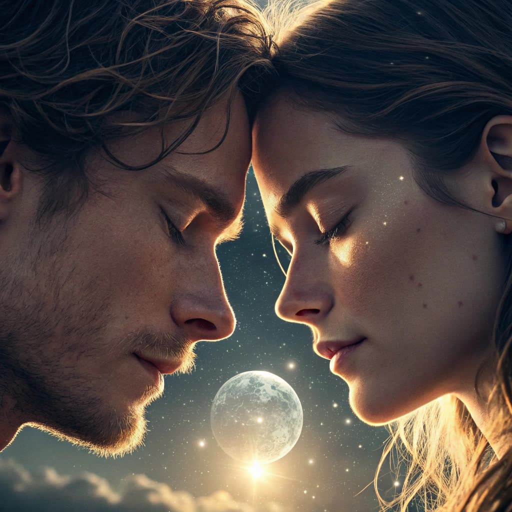 AI generated: a cinematic close-up of two faces, a man and a woman, almost touching but separated by soft transpar...