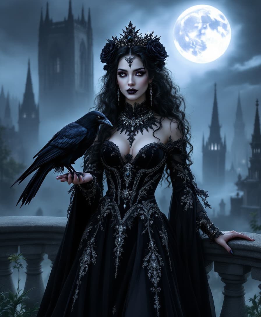 AI generated: A majestic Gothic queen stands atop a stone balcony overlooking a foggy, moonlit graveyard. She wear...