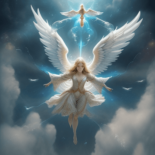 AI generated: Perfectly-centered photograph of a real life godly ((angel)) with wings descending from (((heaven)))...
