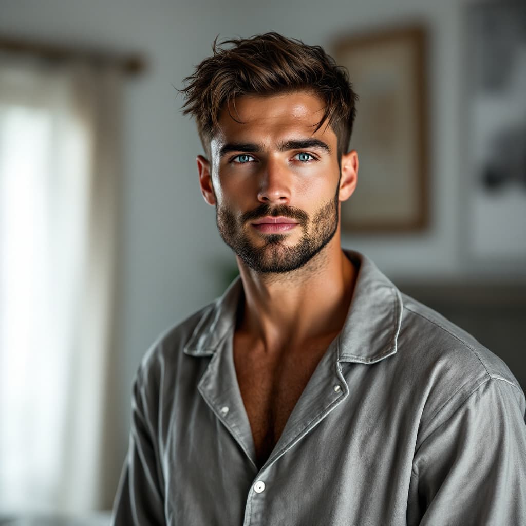 AI generated: Photorealistic image of man with beautiful face, with bright blue eyes and long eyelashes, standing ...