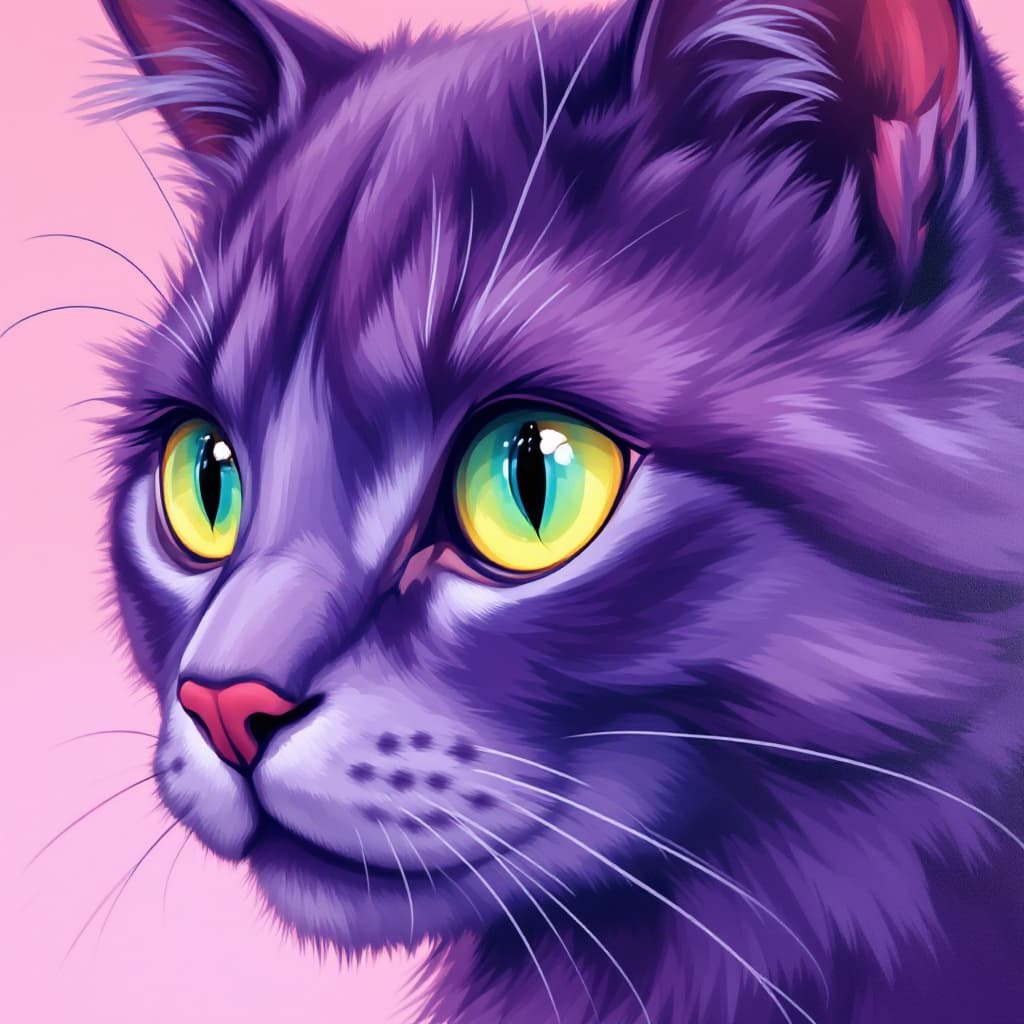 AI generated: artistic, oil painting art, purple color cat face, emerald green eye, simplify, expressive eyes and ...